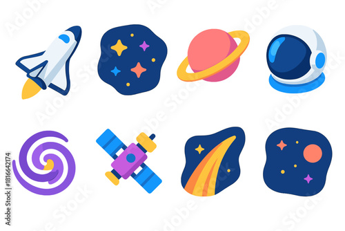 Interstellar Icon Set. Interstellar Travel flat icon set: space shuttle, starfield, planet rings, astronaut helmet, galaxy swirl, satellite, rocket trail, deep space