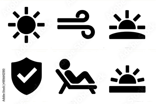 Low UV Index Icons. Low UV Index silhouette icon set: morning sun, cool breeze, horizon line, soft light, safe symbol, relaxed outdoors
