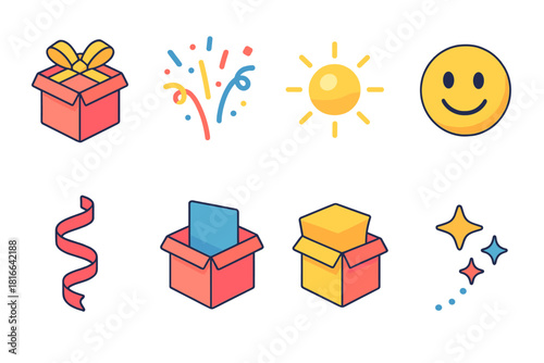 Unboxing Celebration Icons. Unboxing Happiness flat icons set. open gift box, confetti burst, glowing light, smiling face, ribbon curl, product reveal, thank-you note, sparkle