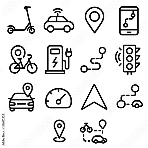 Tech Mobility Icons. Tech-Enabled Mobility Elements Set linear icon set: electric scooter, autonomous car, GPS pin, mobility app screen, bike-sharing icon, charging station, route