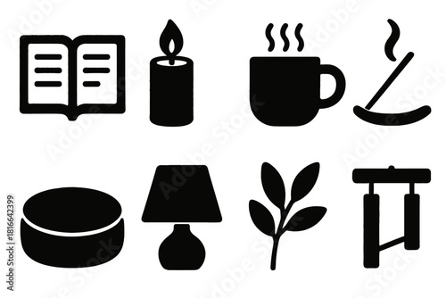 Serenity Practice Icons. Serenity Practices Tools silhouette icon set: journal page, candle, warm mug, incense holder, cushion seat, soft lamp, plant sprig, chime bar