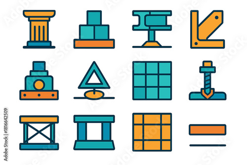 Structural Icons Collection. Structural Support flat icon set: stabilizing pillar, foundation blocks, reinforcement beam, support bracket, secure base, balanced frame, structure