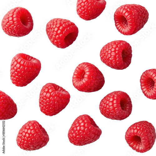 Vibrant, ripe red raspberries with detailed texture, glossy, artfully scattered on a pristine transparent background, flat lay, no shadows, high-end fruit product advertising concept.