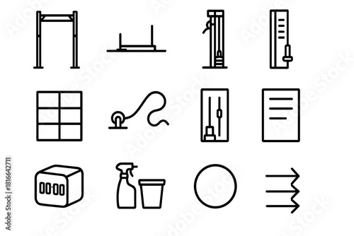 Functional Gym Icons. Functional Fitness Environment Collection linear icon set: rig frame, sled track, cable machine column, storage cubbies, battle rope anchor, mobility wall