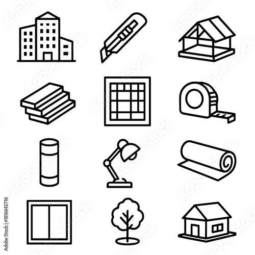 Architectural Model Icons. Architectural Models linear icon set: scale building, foam board, cutting tool, grid plan, roof section, balsa wood, glue stick, measuring tape, sketch