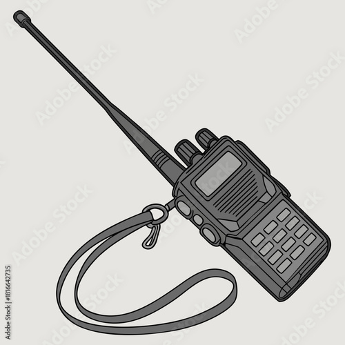 Gray Walkie- Talkie with Lanyard on White Background Keywords: walkie-talkie, radio