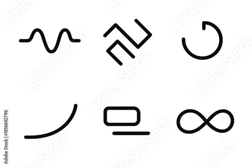 Creative Motion Icons. Creative Motion Patterns linear icon set: wave pulse, shifting zigzag, rotating segment, rising curve, sliding bar, flowing loop
