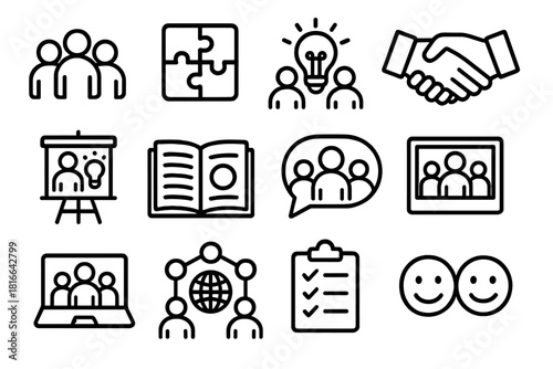 Teamwork Icons Montage. Collaboration Gatherings linear icon set: people icons, puzzle pieces, lightbulb, handshake, idea board, open notebook, speech bubble, group photo, laptop