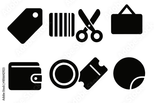 Bold Retail Icons. Retail Tag Set silhouette icon set. tag, barcode, scissors, sale sign, wallet, coin, ticket, sticker.