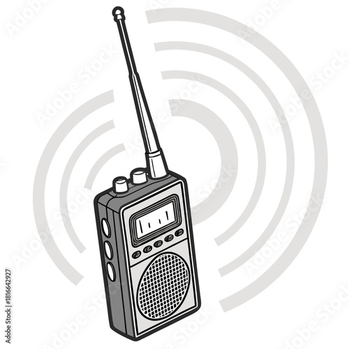 Handheld walkie talkie transmitting radio waves on white background communication