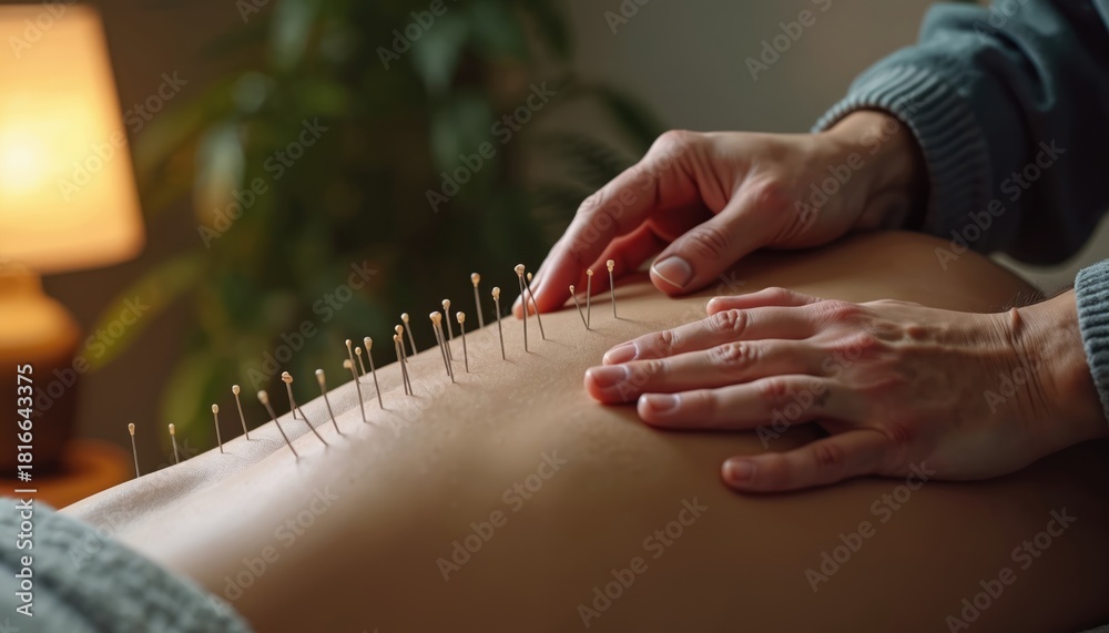 Fototapeta premium Acupuncture needles on patient back. Acupuncturist places small pins for treatment. Person receives traditional Chinese medicine for pain relief, health, wellness in clinic. Holistic therapy session.