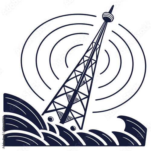 Radio Tower With Waves And Signal Rings In Dark Blue Keywords: radio tower, transmission