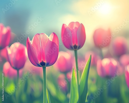 Breathtaking View of Vibrant Pink Tulips in Full Bloom Against a Bright Blue Sky at Dawn