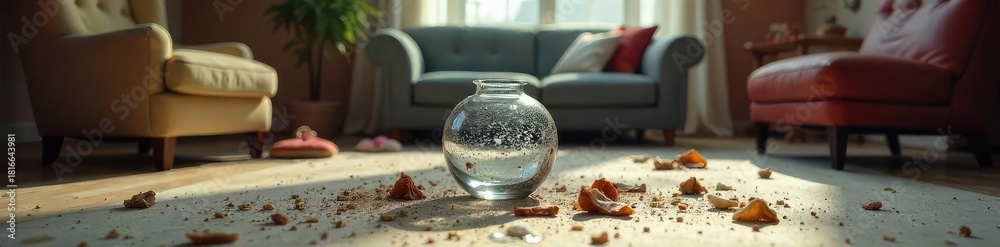 Obraz premium A shattered vase lies amidst scattered furniture, symbolizing the destructive impact of domestic conflict and fractured family relationships , family, rage, grief
