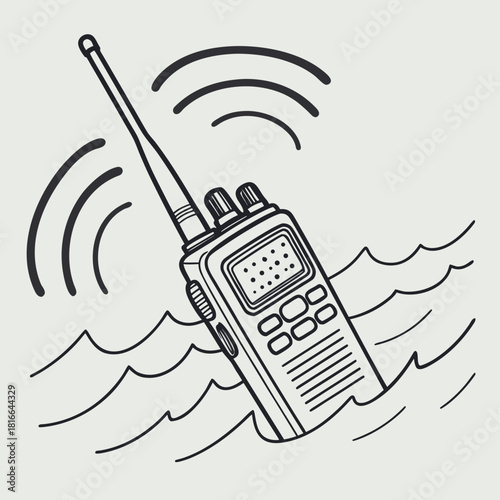 Black and white sketch of a walkie-talkie partially submerged in waves walkie talkie