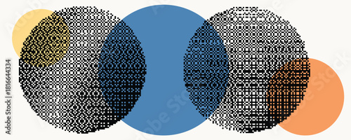 Retro dither circle composition for video. Vintage bitmap texture. Bit gradient circles for graphic layouts . Pixel gradients effect. 