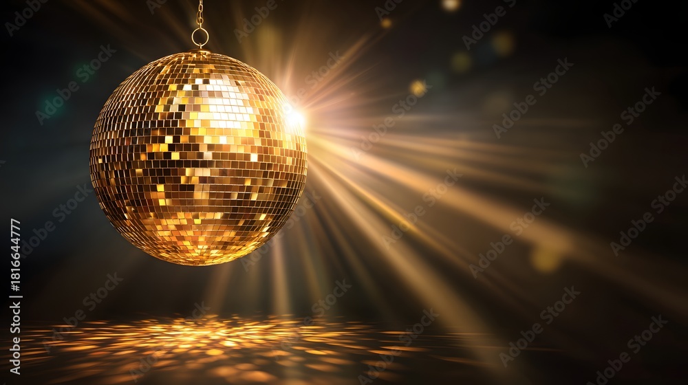 Obraz premium Festive golden disco ball with sparkling light reflections on a dark background.