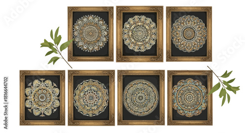 Elegant mandala art collection with vintage frames, perfect for sophisticated interiors and adding a touch of bohemian chic with a nature accent