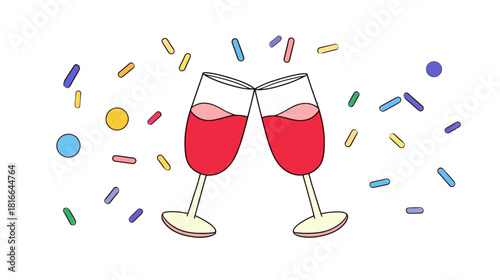 Clinking wine glasses with colorful confetti in flat celebration vector.