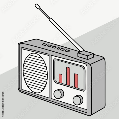 Gray Portable Radio with Antenna and VU Meter Display Keywords: portable radio, transistor