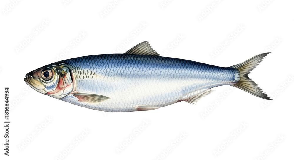 Obraz premium Meticulously detailed watercolor painting of a sardine or herring fish, blue-grey scales, white belly, delicate fins, on solid transparent, shadowless studio light. Concept of commercial art