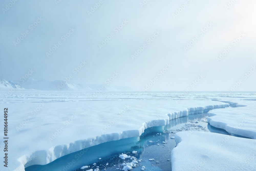 Obraz premium A stark, icy landscape stretches to a frozen horizon under a pale, winter sky Perfect for winter, cold, frozen, and icy themes The scene evokes a sense of isolation and stillness , solitude, serenity