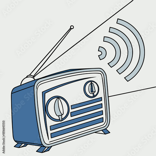 Retro blue radio with antenna emitting sound waves vintage broadcast