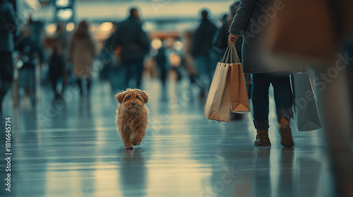 Small dog trots through a busy shopping mall corridor. A shopper with multiple shopping bags moves through the crowd.