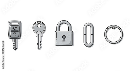 Modern security icons featuring a car key, house key, padlock, chain link, and ring, ideal for illustrating safety, access, or protection concepts
