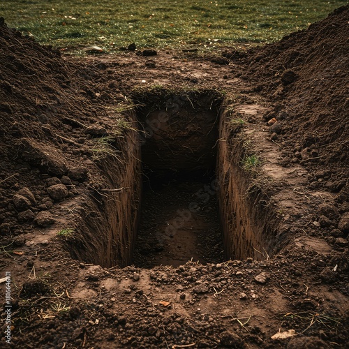 Freshly dug earth next to a rectangular opening in the ground at a quiet burial location, suggesting a new interment preparation ,tool ,location ,digging