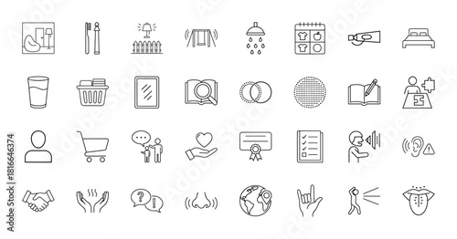 Everyday life line icon set. Vector pictograms of toothbrush, shower, bed, shopping cart, certificate, globe, handshake, and human senses, thin linear illustration.