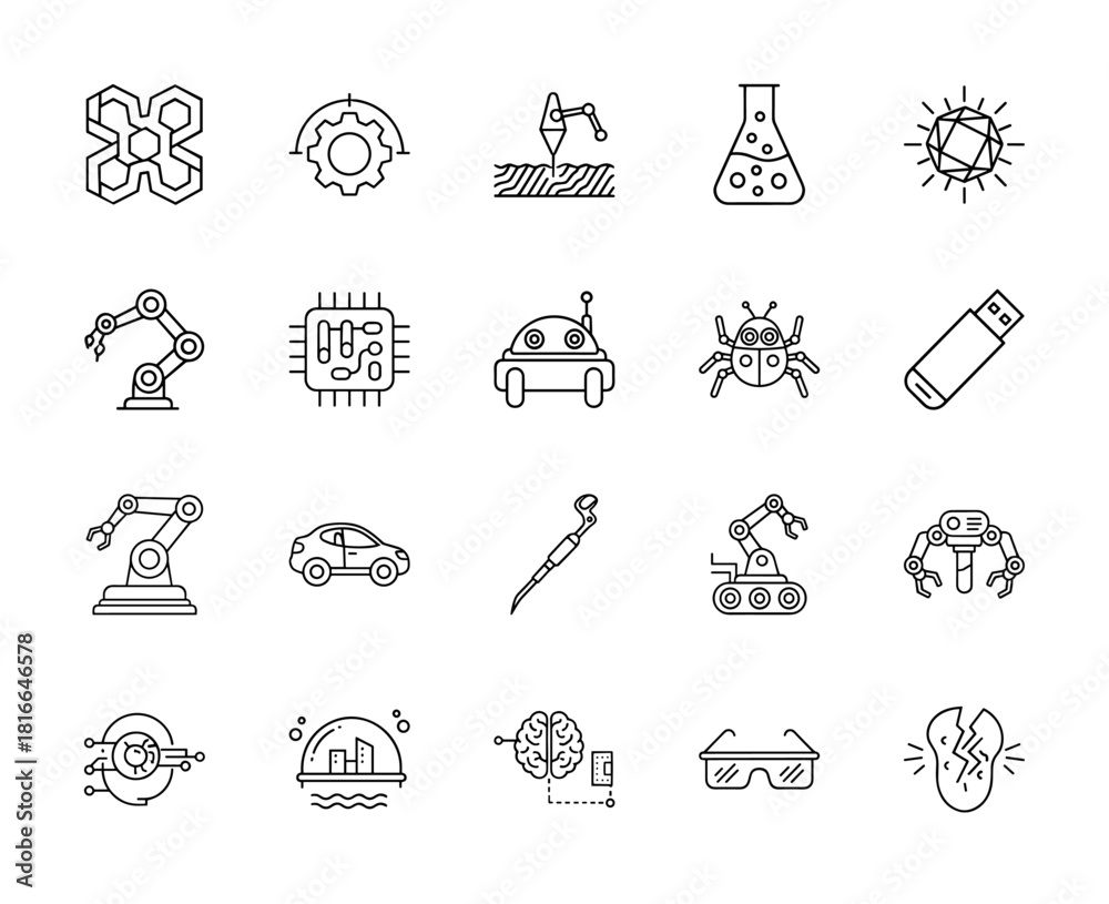 Fototapeta premium Innovation and future technology line icon set. Vector pictograms of robotic arms, microchips, autonomous vehicles, smart glasses, and AI concepts, thin linear illustration.
