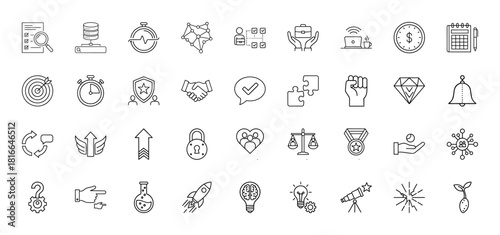 Business and success line icon set. Vector pictograms of document search, database, network, briefcase, target, handshake, diamond, rocket, and lightbulb ideas, thin linear illustration.