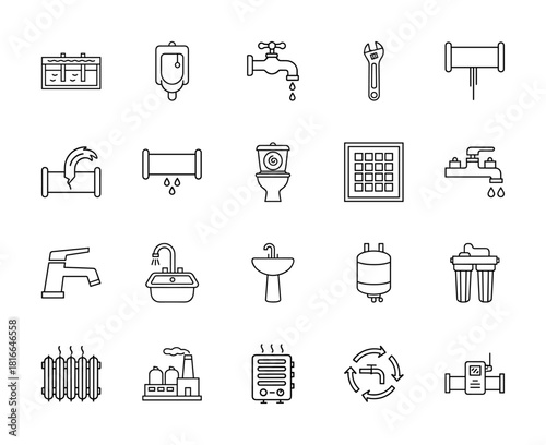 Plumbing and heating line icon set. Vector pictograms of faucets, pipes, toilet, sink, wrench, radiator, water heater, and water meter, thin linear illustration.