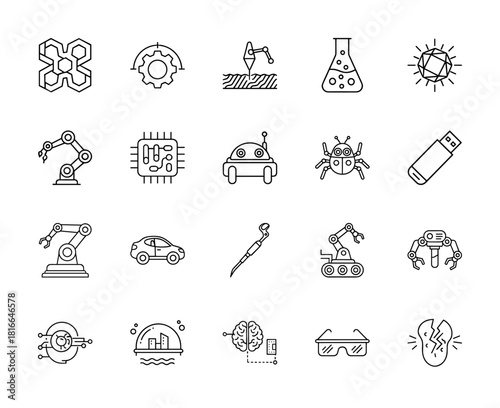 Innovation and future technology line icon set. Vector pictograms of robotic arms, microchips, autonomous vehicles, smart glasses, and AI concepts, thin linear illustration.