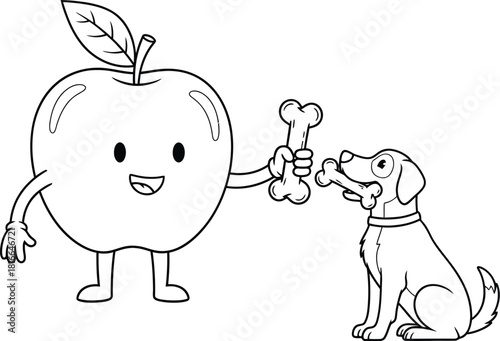 Cute Apple Character Sharing a Bone with Dog – Fun Line Art Illustration for Kids’ Coloring Books and Creative Designs
