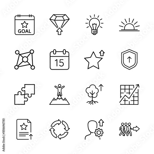 Business and success line icon set. Vector pictograms of goals, diamond, lightbulb, sunrise, network, puzzles, mountain, chart, document, team, and strategy, thin linear illustration.