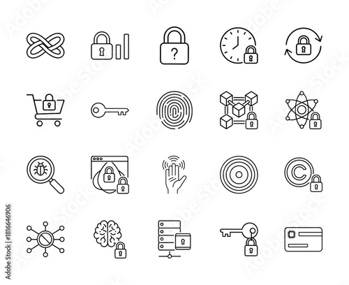 Cybersecurity and data protection line icon set. Vector pictograms of padlocks, keys, fingerprints, blockchain, and secure online activities, thin linear illustration.