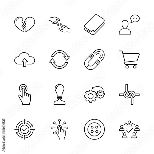 General concepts and interaction line icon set. Vector pictograms of heart, hands, cloud, cart, tap, idea, and gears, thin linear illustration.