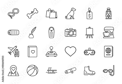 Everyday lifestyle line icon set. Vector pictograms of pets, shopping, photography, travel, gaming, art, cooking, and outdoor items, thin linear illustration.
