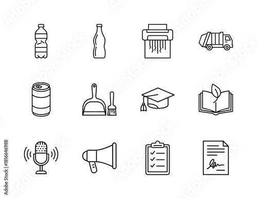 Mixed line icon set for various applications. Vector pictograms of recycling items, education symbols, communication tools, and office objects, thin linear illustration.