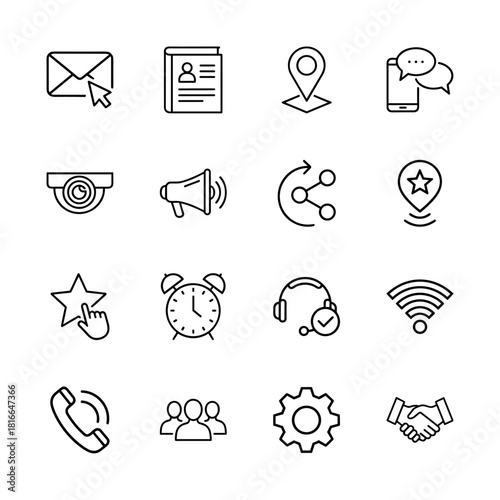 Communication line icon set. Vector pictograms of email, contact book, location, chat, security, megaphone, share, support, Wi-Fi, phone, group, settings, handshake, thin linear illustration.