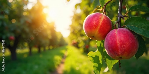 Sun-drenched peach orchard bursting with ripe, juicy fruit hanging heavy on the branches A picturesque summer scene of abundant harvest ready for picking , sweet, sun