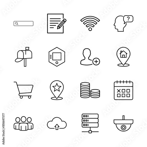 User interface line icon set. Vector pictograms of search bar, document, Wi-Fi, mailbox, user, location, cart, coins, calendar, cloud, server, and camera, thin linear illustration.
