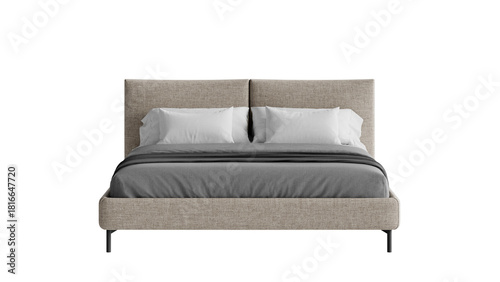 Front view of a modern double bed on a transparent background.
