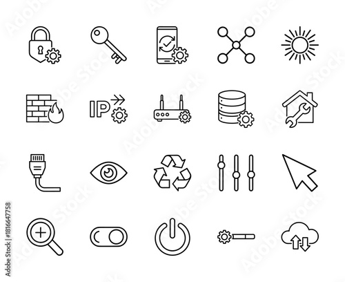 Internet and technology icon set. Vector pictograms of network, security, settings, data, firewall, router, and cloud computing, thin linear illustration.