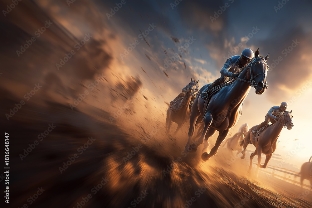 Fototapeta premium Racehorses sprint along a dirt track at sunset. Dust swirls behind the speeding horses as the sun sets.