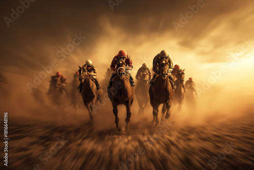 Wallpaper Mural Horses race forward along a dusty desert track. Gold sunset light bathes the scene. Torontodigital.ca