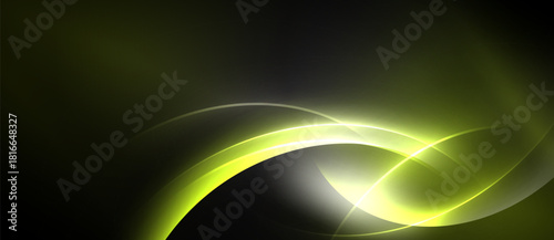 Abstract design features luminous curves, gradients. Dark background emphasizes bright yellow energy, creating dynamic visual effect.