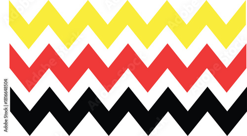 yellow, red, and black zig zag lines . A vibrant pattern of three horizontal chevron zigzag rows in yellow, red, and black on a white background, creating a bold, energetic etc.